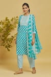 Khwaab by Sanjana Lakhani_Blue Cotton Print Flower Blossom Round Neck Kurta Set _at_Aza_Fashions