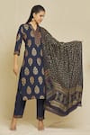 Buy_Samyukta Singhania_Blue Cotton Blend Printed Floral Foil Round Collar Kurta Set _at_Aza_Fashions