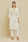 Samyukta Singhania_White Pure Cotton Embroidered And Printed Thread & Mirror Work Kurta Pant Set _at_Aza_Fashions