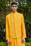 Shop_Bohame_Yellow Cotton Silk Tussar Embroidered Floral Numair Sprig Jacket Kurta Set _Online_at_Aza_Fashions