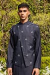 Bohame_Blue Cotton Silk Tussar Embroidered Rahim Asymmetric Panel Jacket Kurta Set _Online_at_Aza_Fashions