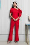 Buy_B'Infinite_Red Crepe Plain Asymmetric Neck Scarlet Top And Trouser Set_at_Aza_Fashions