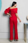 Shop_B'Infinite_Red Crepe Plain Asymmetric Neck Scarlet Top And Trouser Set_at_Aza_Fashions