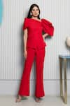 B'Infinite_Red Crepe Plain Asymmetric Neck Scarlet Top And Trouser Set_Online_at_Aza_Fashions