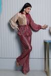 Buy_B'Infinite_Gold Lycra Pleated Textured Pattern Metallic Color Block Shirt And Trouser Set_Online_at_Aza_Fashions