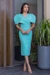 Shop_B'Infinite_Green Crepe Plain V Neck Draped Sleeve Bodycon Dress _Online_at_Aza_Fashions