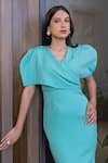 B'Infinite_Green Crepe Plain V Neck Draped Sleeve Bodycon Dress _at_Aza_Fashions