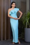 Buy_B'Infinite_Blue Crepe Plain One Shoulder Ruffle Gown _at_Aza_Fashions