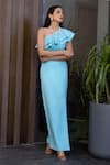 Shop_B'Infinite_Blue Crepe Plain One Shoulder Ruffle Gown _at_Aza_Fashions