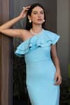 Buy_B'Infinite_Blue Crepe Plain One Shoulder Ruffle Gown _Online_at_Aza_Fashions