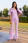 B'Infinite_Purple Crepe Plain V Neck Ruffle Sleeve Top And Trousers Set_Online_at_Aza_Fashions