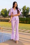 Buy_B'Infinite_Purple Crepe Plain V Neck Ruffle Sleeve Top And Trousers Set_Online_at_Aza_Fashions