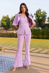 Shop_B'Infinite_Purple Crepe Plain V Neck Ruffle Sleeve Top And Trousers Set_Online_at_Aza_Fashions