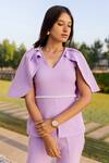 B'Infinite_Purple Crepe Plain V Neck Ruffle Sleeve Top And Trousers Set_at_Aza_Fashions