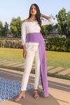 Buy B'Infinite White Crepe Embellished Feather Straight Colorblock Top And Trouser Set Online at Aza Fashions Buy_B'Infinite_White Crepe Embellished Feather Straight Colorblock Top And Trouser Set_Online_at_Aza_Fashions