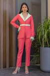 Buy_B'Infinite_Coral Crepe Embellished Fur Notched Collar Side Cutout Blazer And Pant Set_at_Aza_Fashions