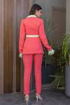 Shop_B'Infinite_Coral Crepe Embellished Fur Notched Collar Side Cutout Blazer And Pant Set_at_Aza_Fashions