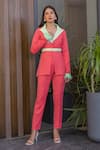Buy_B'Infinite_Coral Crepe Embellished Fur Notched Collar Side Cutout Blazer And Pant Set_Online_at_Aza_Fashions