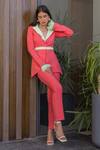 Shop_B'Infinite_Coral Crepe Embellished Fur Notched Collar Side Cutout Blazer And Pant Set_Online_at_Aza_Fashions