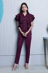 Buy_B'Infinite_Wine Crepe Plain Notched Lapel Collar Ruffle Top And Trousers Set For Women_at_Aza_Fashions