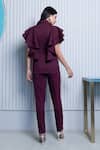 Shop_B'Infinite_Wine Crepe Plain Notched Lapel Collar Ruffle Top And Trousers Set For Women_at_Aza_Fashions