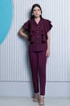 B'Infinite_Wine Crepe Plain Notched Lapel Collar Ruffle Top And Trousers Set For Women_Online_at_Aza_Fashions
