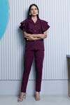 Shop_B'Infinite_Wine Crepe Plain Notched Lapel Collar Ruffle Top And Trousers Set For Women_Online_at_Aza_Fashions