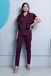 B'Infinite_Wine Crepe Plain Notched Lapel Collar Ruffle Top And Trousers Set For Women_at_Aza_Fashions