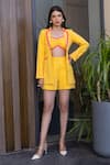 B'Infinite_Yellow Crepe Plain Blazer Open Sunshine Viva Full Sleeve And Shorts Set _Online_at_Aza_Fashions