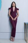 Buy_B'Infinite_Wine Crepe Plain Shawl Collar Peplum Top And Trouser Set_at_Aza_Fashions
