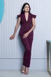 Shop_B'Infinite_Wine Crepe Plain Shawl Collar Peplum Top And Trouser Set_at_Aza_Fashions