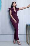B'Infinite_Wine Crepe Plain Shawl Collar Peplum Top And Trouser Set_Online_at_Aza_Fashions