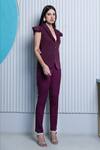 Buy_B'Infinite_Wine Crepe Plain Shawl Collar Peplum Top And Trouser Set_Online_at_Aza_Fashions