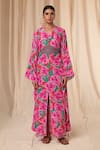 Masaba_Green Natural Crepe Printed Bloomerang V Neck Kaftan Dress With Belt _Online_at_Aza_Fashions