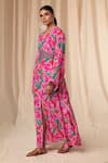 Shop_Masaba_Green Natural Crepe Printed Bloomerang V Neck Kaftan Dress With Belt _Online_at_Aza_Fashions