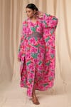 Masaba_Green Natural Crepe Printed Bloomerang V Neck Kaftan Dress With Belt _at_Aza_Fashions