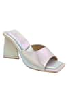 Shop_Veruschka by Payal Kothari_Silver Holographic Oyster Vegan Leather Block Heels _at_Aza_Fashions