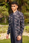 Bohame_Blue Cotton Silk Tussar Embroidered Stitch Nur Floral Bomber Jacket Kurta Set _Online_at_Aza_Fashions