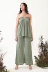 Shop_Chambray & Co._Green Crushed Cotton Macrame Plain Top Petra Pant Co-ord Set With Mesh Overlay _Online_at_Aza_Fashions