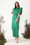 Buy Chambray & CO. Green Linen, Silk Embroidery Round Neck Damia Overlapped Kurta And Pant Set at Aza Fashions Buy_Chambray & CO._Green Linen, Silk Embroidery Round Neck Damia Overlapped Kurta And Pant Set _at_Aza_Fashions