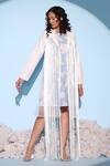 Buy Chambray & CO. White Linen, Silk Organza Fringe Round Neck, Amaya Tie Dye Dress With Jacket at Aza Fashions Buy_Chambray & CO._White Linen, Silk Organza Fringe Round Neck, Amaya Tie Dye Dress With Jacket _at_Aza_Fashions