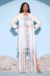 Chambray & CO. White Linen, Silk Organza Fringe Round Neck, Amaya Tie Dye Dress With Jacket Online at Aza Fashions Chambray & CO._White Linen, Silk Organza Fringe Round Neck, Amaya Tie Dye Dress With Jacket _Online_at_Aza_Fashions