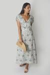 Reistor_White Bemberg Crepe Printed Floral Deep V Sapphire Haze Maxi Dress  _Online_at_Aza_Fashions
