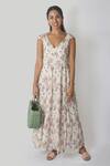 Buy_Reistor_White Bemberg Crepe Printed Floral Deep V Neck Ruffle Maxi Dress  _at_Aza_Fashions