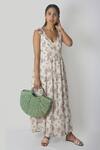 Reistor_White Bemberg Crepe Printed Floral Deep V Neck Ruffle Maxi Dress  _Online_at_Aza_Fashions