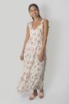 Buy_Reistor_White Bemberg Crepe Printed Floral Deep V Neck Ruffle Maxi Dress  _Online_at_Aza_Fashions