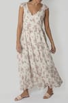 Reistor_White Bemberg Crepe Printed Floral Deep V Neck Ruffle Maxi Dress  _at_Aza_Fashions