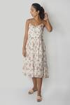 Buy_Reistor_White Bemberg Crepe Printed Floral Deep V Sunset Scenes Midi Dress  _at_Aza_Fashions