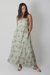 Reistor_White Bemberg Crepe Printed Floral Square Neck The Jade Maxi Dress  _Online_at_Aza_Fashions