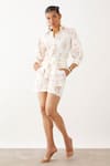 Shop_Son Of A Noble Snob_Off White Cotton Satin Embroidery Shawl Neck Ava Catchfly Print Shorts Set _Online_at_Aza_Fashions